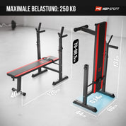 Hop-Sport Hantelset 69 kg - Klappbare Hantelbank mit Gewichten, Verstellbare Langhantelablage, Trainingsbank für Bankdrücken, Stabiler Fitnessbank, 270 kg Max. Belastbarkeit