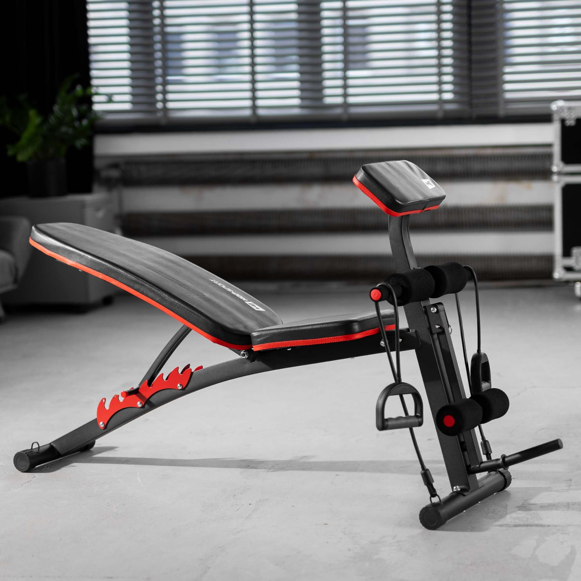 Hop-Sport Hantelbank mit Curlpult, verstellbar in 6 Neigungswinkel, inkl. Beinstrecker & Expander, Multifunktions-Trainingsbank für Zuhause, 220 kg Max. Belastbarkeit