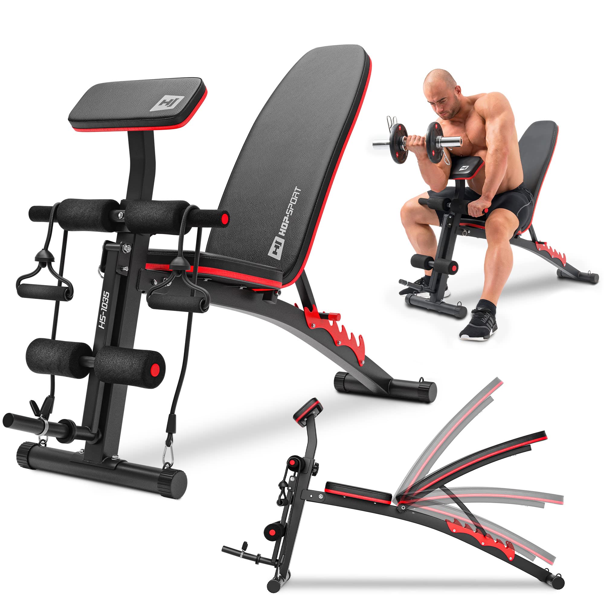 Hop-Sport Hantelbank mit Curlpult, verstellbar in 6 Neigungswinkel, inkl. Beinstrecker & Expander, Multifunktions-Trainingsbank für Zuhause, 220 kg Max. Belastbarkeit