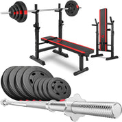 Hop-Sport Hantelset 39 kg - Klappbare Hantelbank mit Gewichten, Verstellbare Langhantelablage, Trainingsbank für Bankdrücken, Stabiler Fitnessbank, 270 kg Max. Belastbarkeit