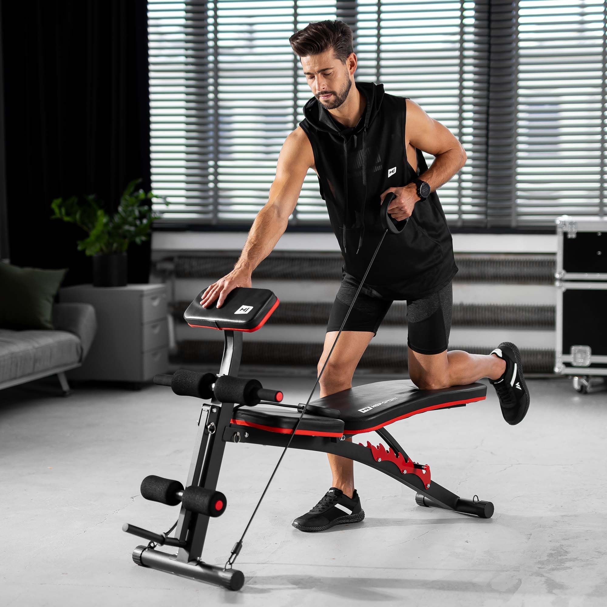 Hop-Sport Hantelbank mit Curlpult, verstellbar in 6 Neigungswinkel, inkl. Beinstrecker & Expander, Multifunktions-Trainingsbank für Zuhause, 220 kg Max. Belastbarkeit