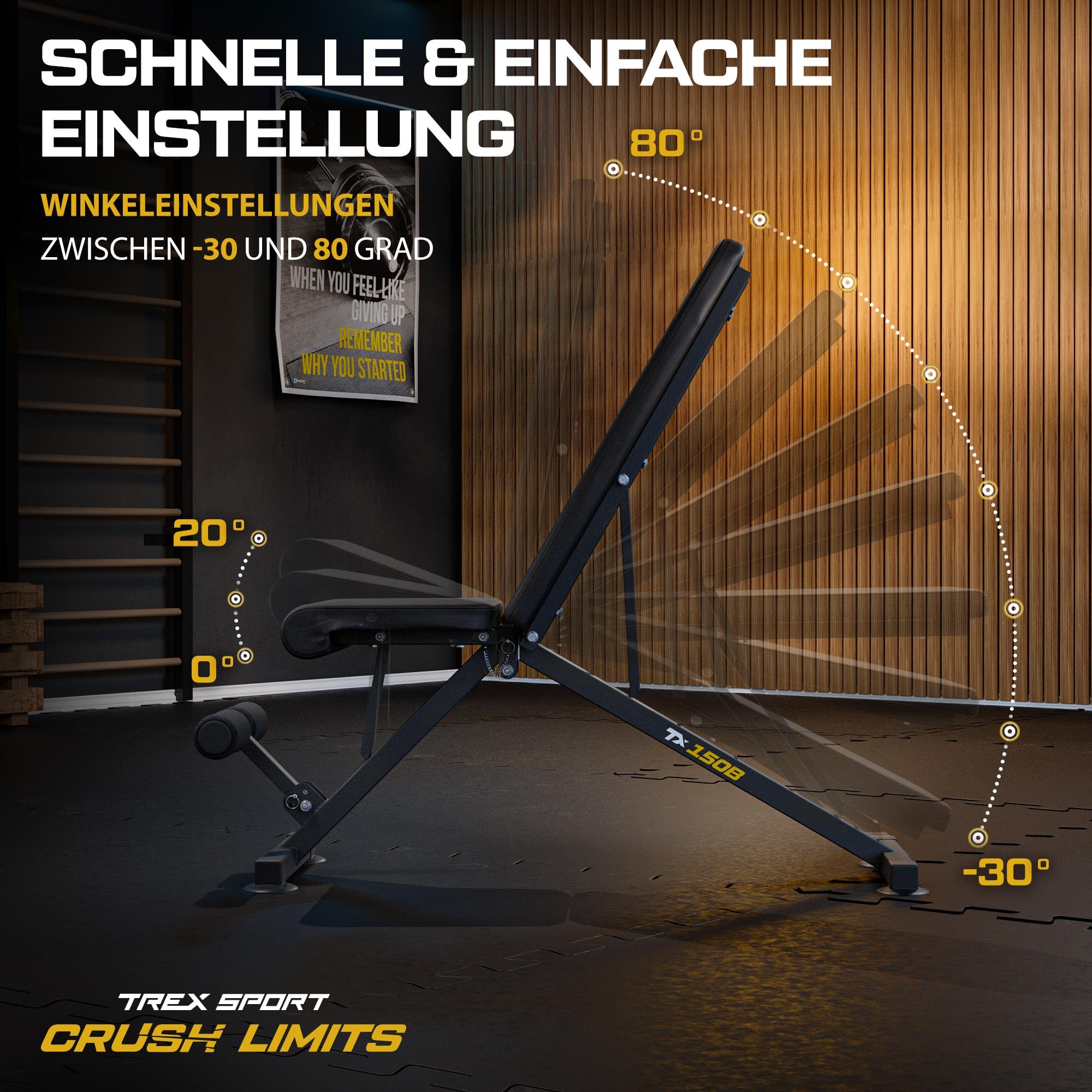 TREX SPORT Hantelbank klappbar TX-150B | Trainingsbank 8-fach verstellbare Rückenlehne, 3-fach verstellbarer Sitzkissen | Flachbank & Schrägbank für Ganzkörper-Workout