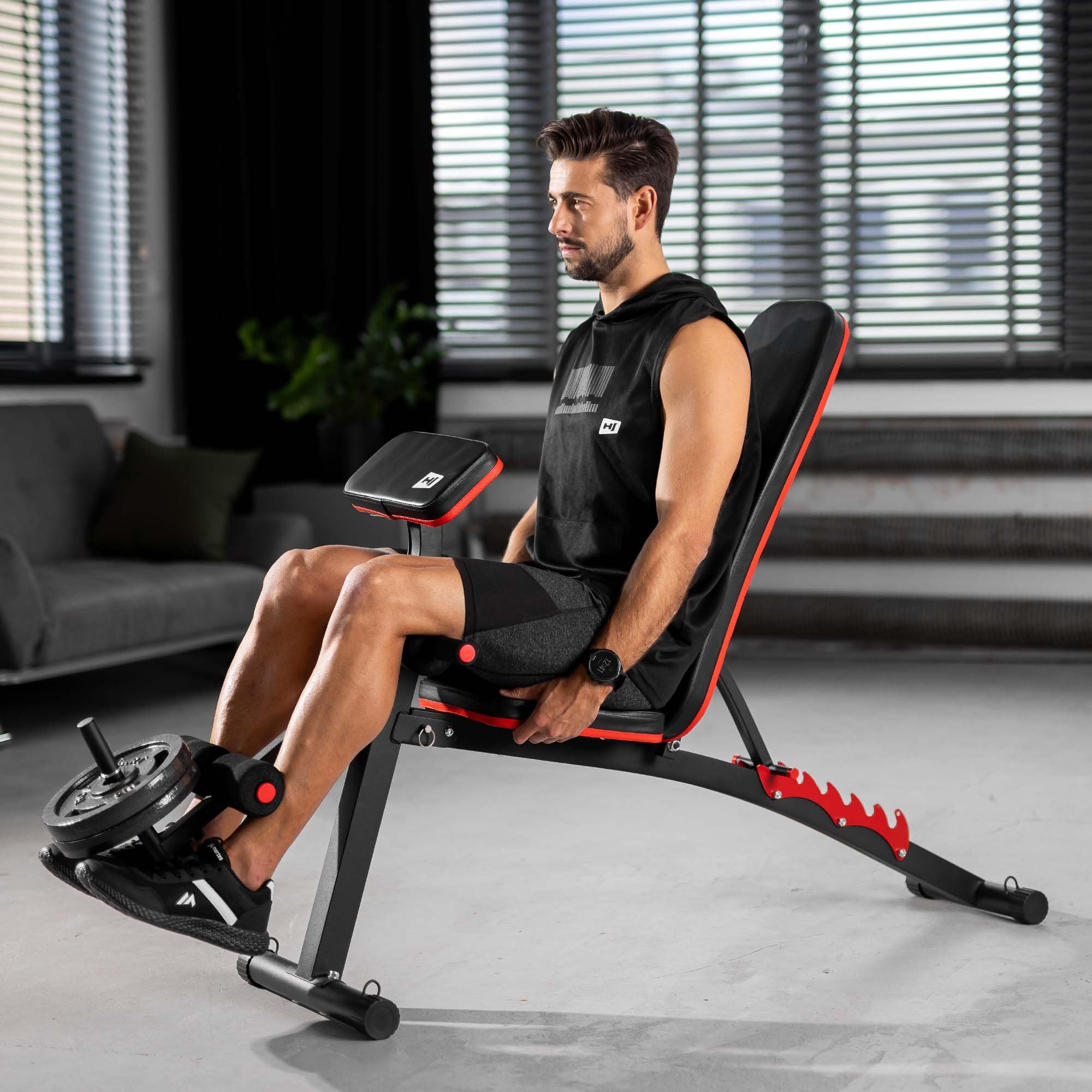 Hop-Sport Hantelbank mit Curlpult, verstellbar in 6 Neigungswinkel, inkl. Beinstrecker & Expander, Multifunktions-Trainingsbank für Zuhause, 220 kg Max. Belastbarkeit