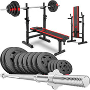 Hop-Sport Hantelset 69 kg - Klappbare Hantelbank mit Gewichten, Verstellbare Langhantelablage, Trainingsbank für Bankdrücken, Stabiler Fitnessbank, 270 kg Max. Belastbarkeit