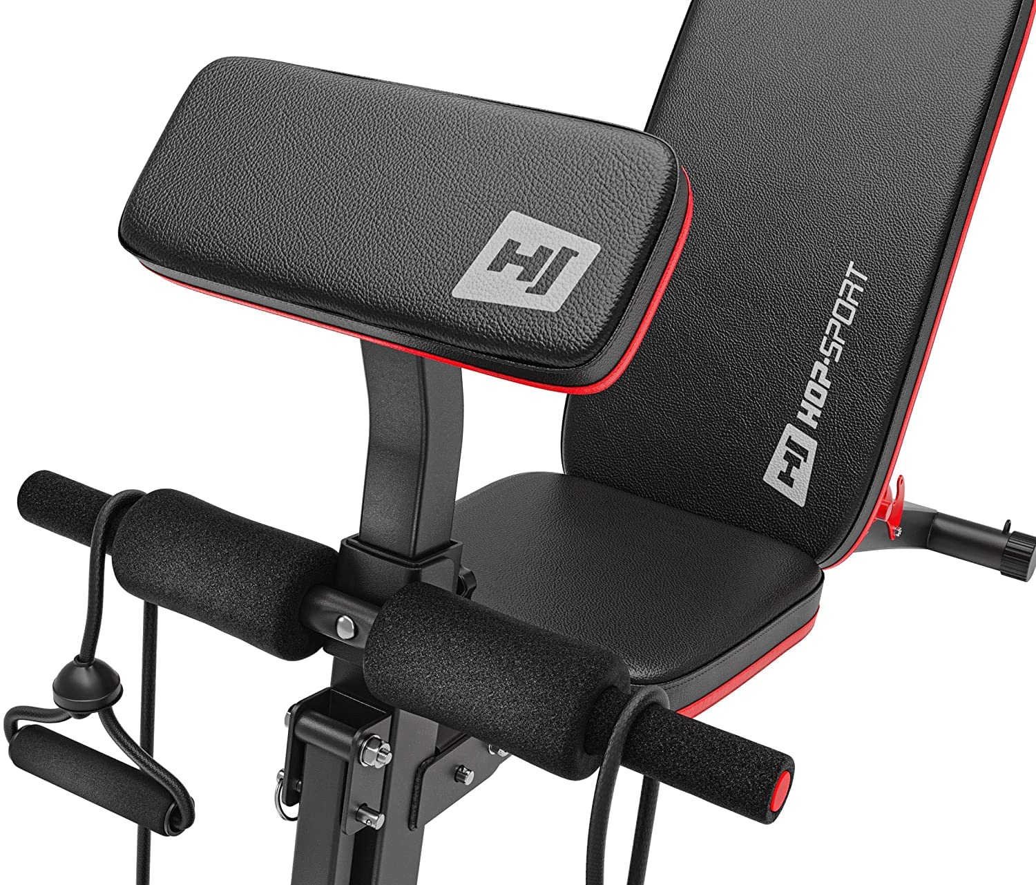 Hop-Sport Hantelbank mit Curlpult, verstellbar in 6 Neigungswinkel, inkl. Beinstrecker & Expander, Multifunktions-Trainingsbank für Zuhause, 220 kg Max. Belastbarkeit